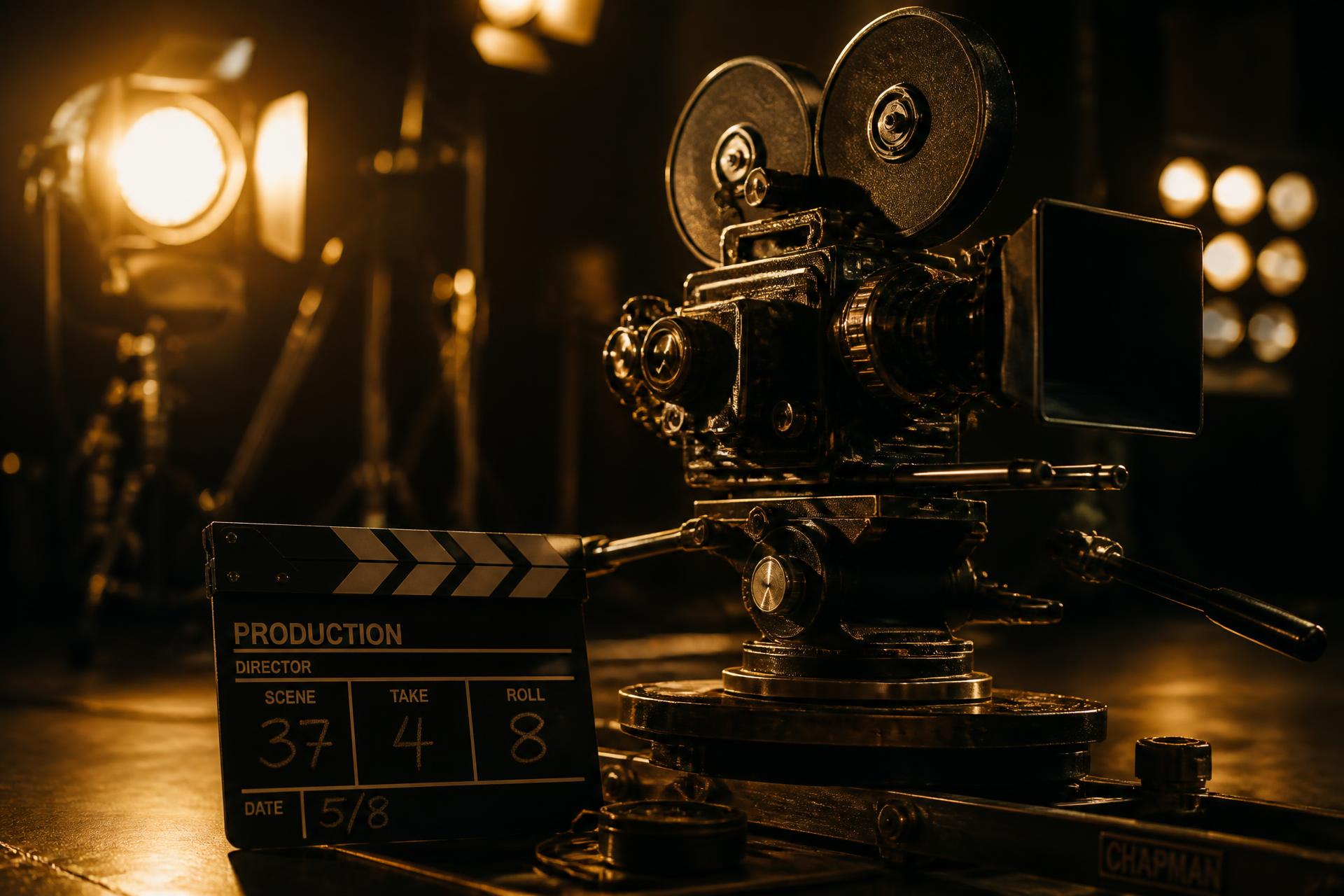 Vintage cinema camera and clapperboard on a commercial production set