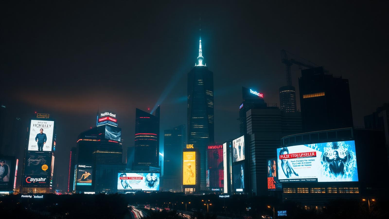 Night city skyline with glowing digital advertising billboards